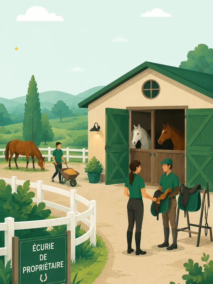 A stud yard: horses stabled and at grass, on a spring morning