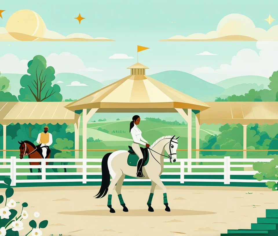 A rider walking a grey horse in a riding school arena